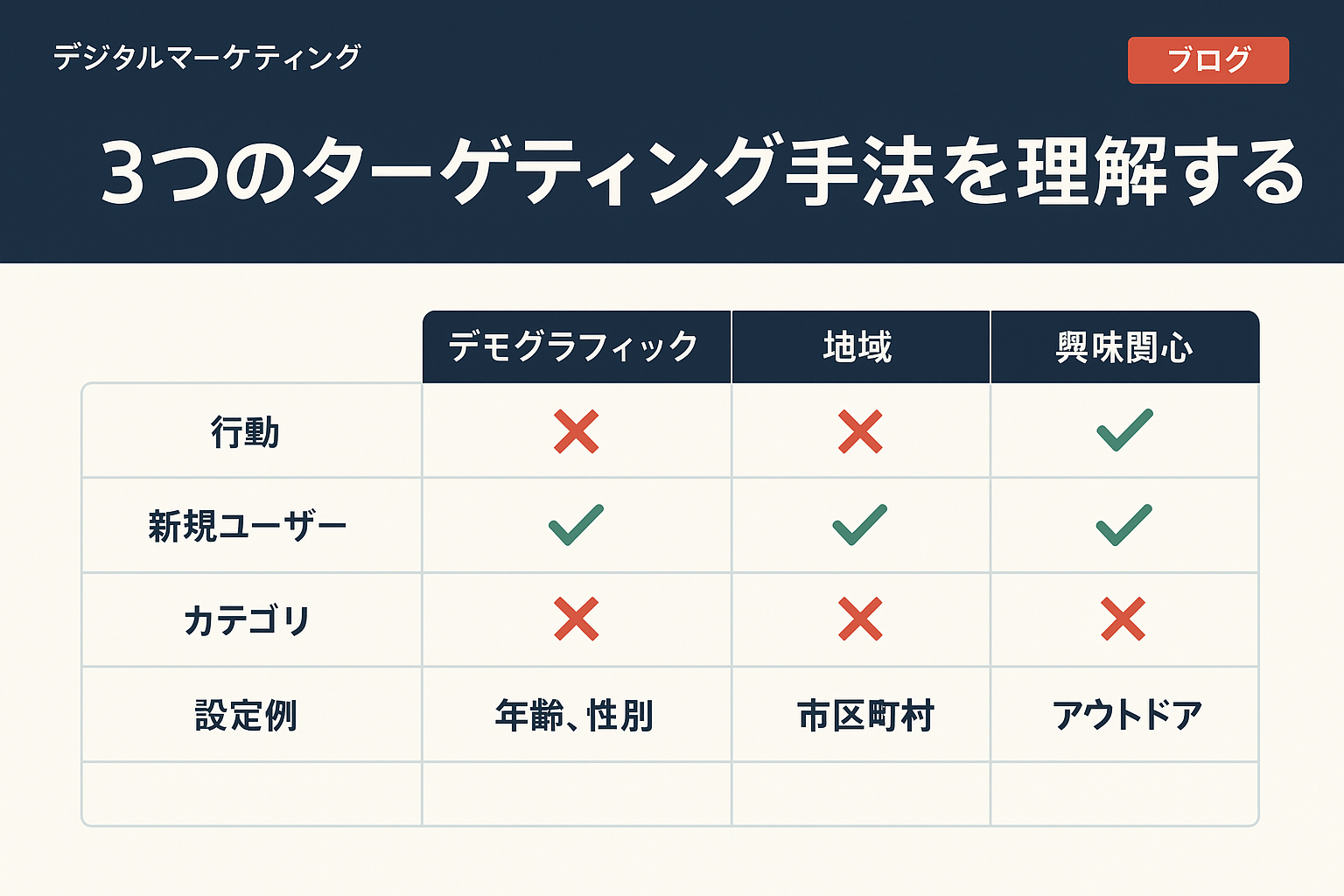 Facebook広告 ターゲティング:3つのターゲティング手法を理解するの比較表